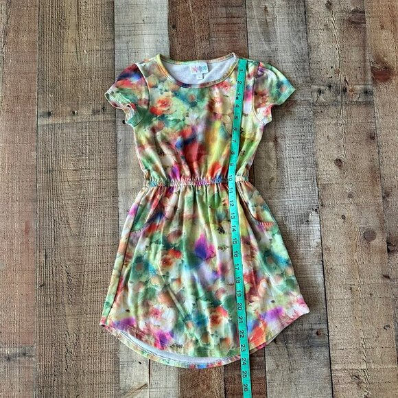 Lularoe Girls Floral Tie-Dye Dress Size 6 Elastic Waist Short Sleeve Knee Length - Picture 3 of 6